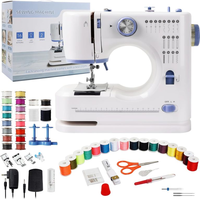 Qoosea Machine à Coudre Portable Débutant, 16 Modèles de Points Petite Machine à Coudre électrique avec Kit Accessoires, Mini Sewing Machine Facile à Utiliser avec lumière LED, Violet