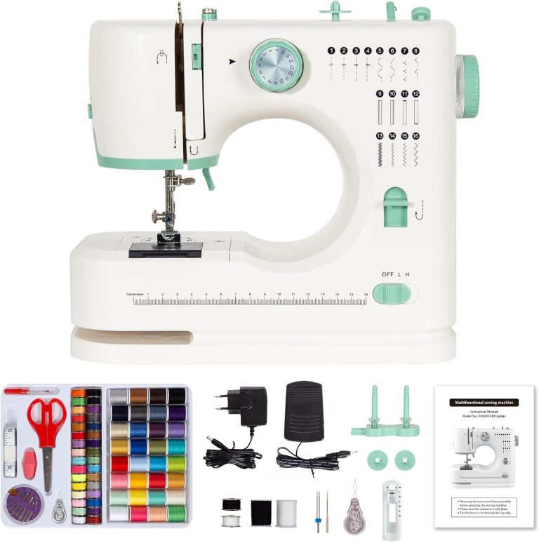 Todeco Machine à Coudre Électrique avec 16 Points de couture, Vert, Double Aiguille et Double Fil, Marche Arrière, Éclairage LED, Pédale, Kit de Coudre, Portable, pour Débutants, Enfant